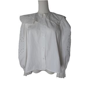 Sea New York White Cotton Eyelet Oversized Collar Ruffled Cuffs Blouse Sz XS